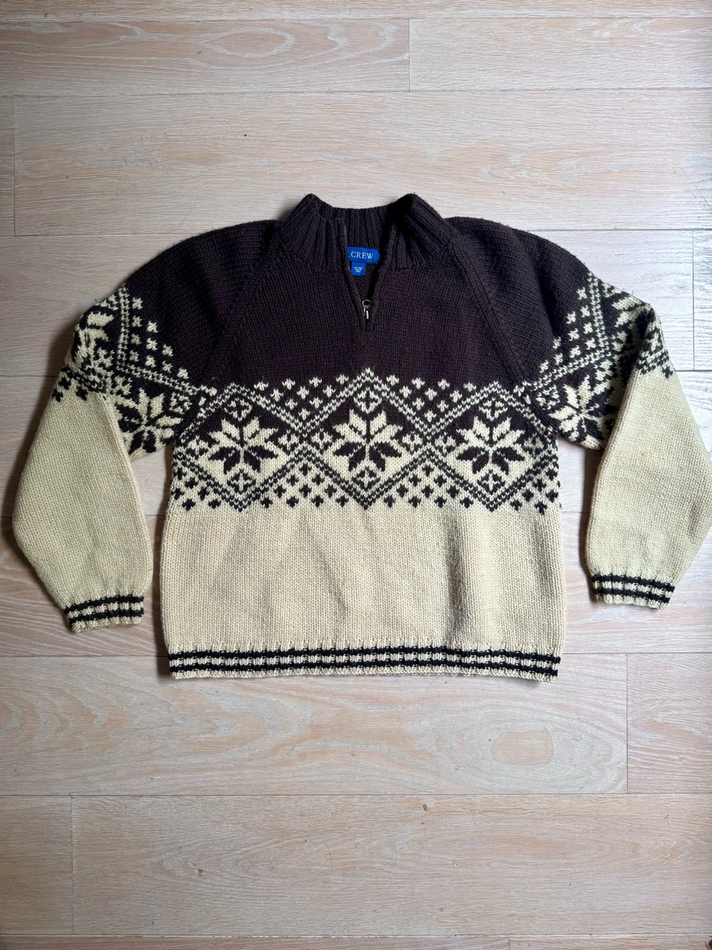 Vintage J Crew Nordic Half-Zip Wool Sweater in Brown and Cream
